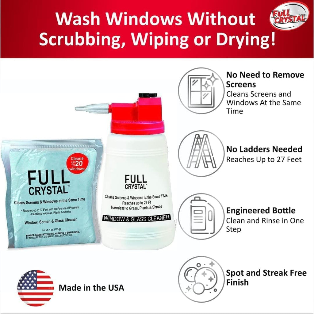 Full Crystal Window Cleaning Kit – 8 oz Glass Cleaner and Bottle with 27 ft Reach, Each 4 oz Bag Makes Up to 640 fl oz, Cleans Up to 40 Windows, Scrub-Free, Rinse-Free
