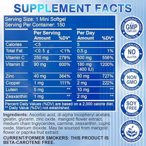 AREDS 2 Eye Vitamin & Mineral Supplement — Lutein and Zeaxanthin Supplement, Vitamin C & E, Zinc & Copper for Blue Light Protection, Eye Health Support, Eyebright , Eye Doctor Trusted — 150 Softgels