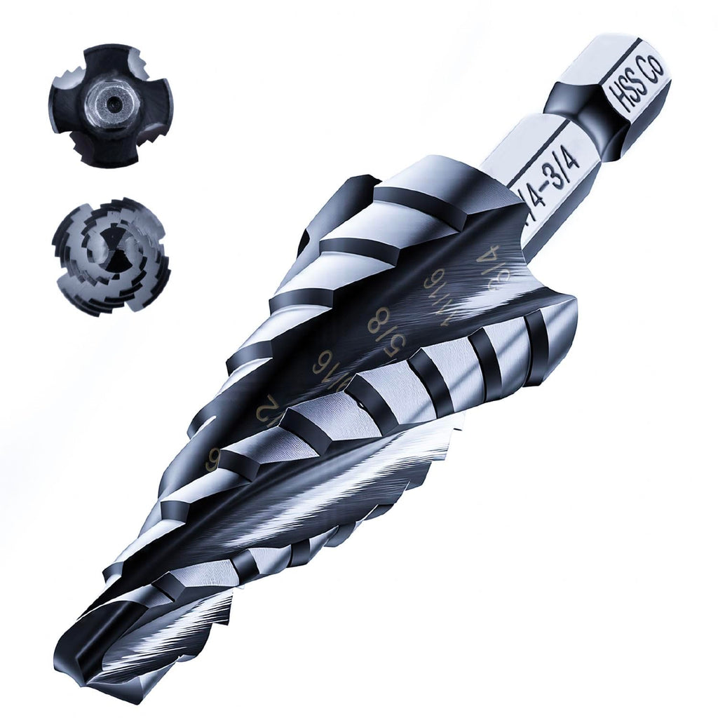 toolant Four Spiral Flute Cobalt Step Drill Bit(Pro), 1/4"-3/4" Impact Ready Unibit Step Drill Bit, 1/4" Hex Shank Step Bits for Metal, Stainless Steel, Aluminum, Plastic
