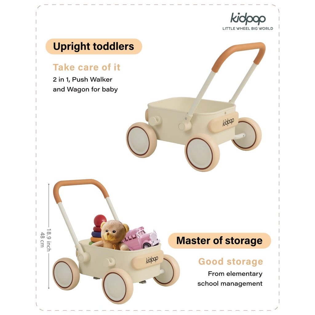Kidpop PULA 2-in-1 Push and Pull-Along Wagon, Baby Push Walker for First Learner from 7 Month to 4 Year, One Year Birthday Gifts, Sturdy and Safe, Indoors and Outdoors (White)