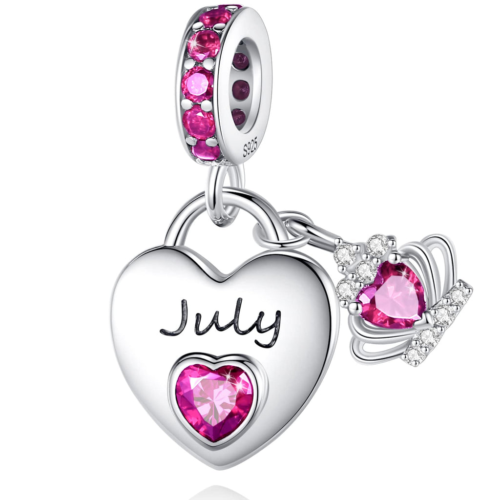 Birthstone Dangle Charms: 925 Sterling Silver Heart Bead Charms for Pandora Bracelets and Necklaces, Birthday Mother's Day Christmas Jewelry Gifts For Women (July)