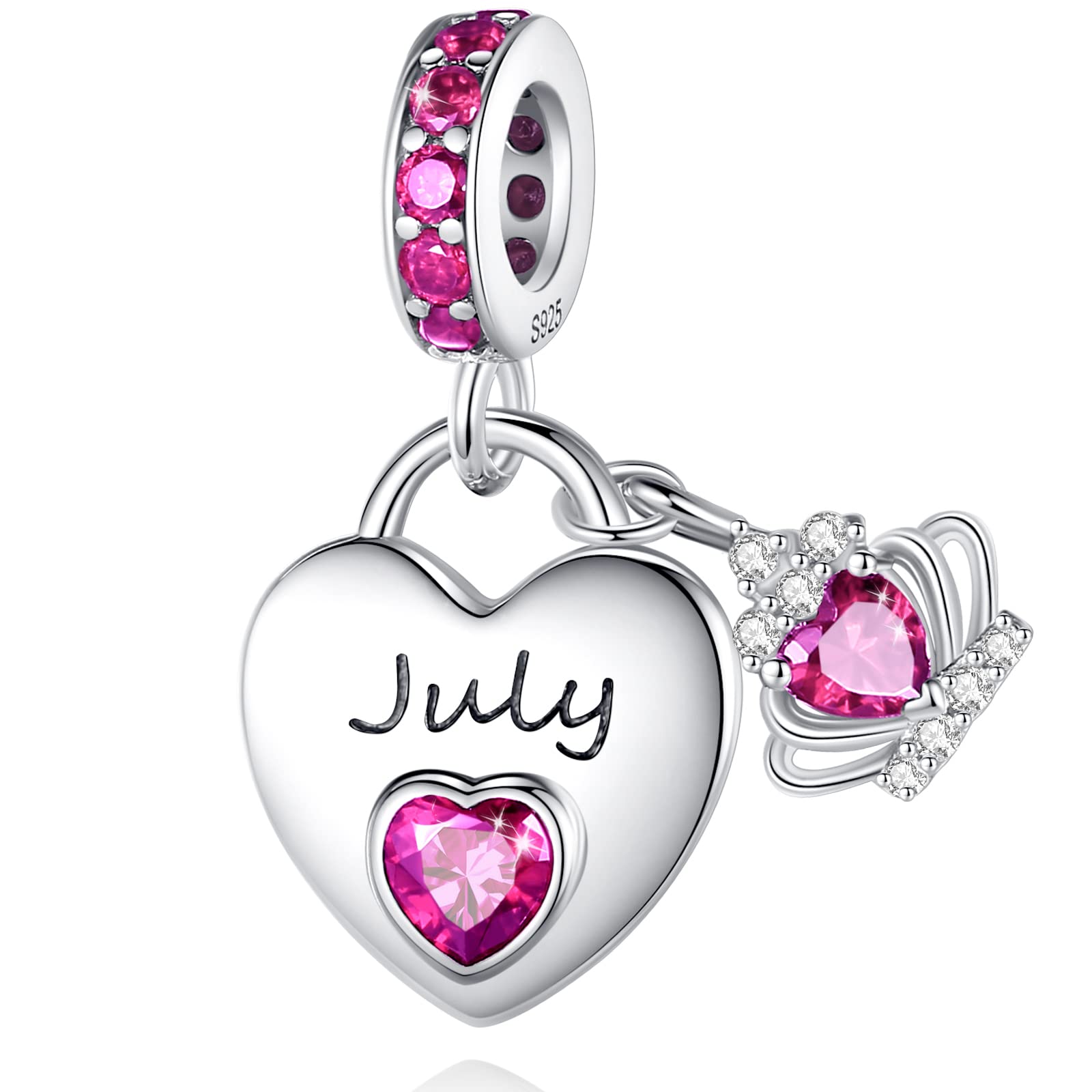 Birthstone Dangle Charms: 925 Sterling Silver Heart Bead Charms for Pandora Bracelets and Necklaces, Birthday Mother's Day Christmas Jewelry Gifts For Women (July)