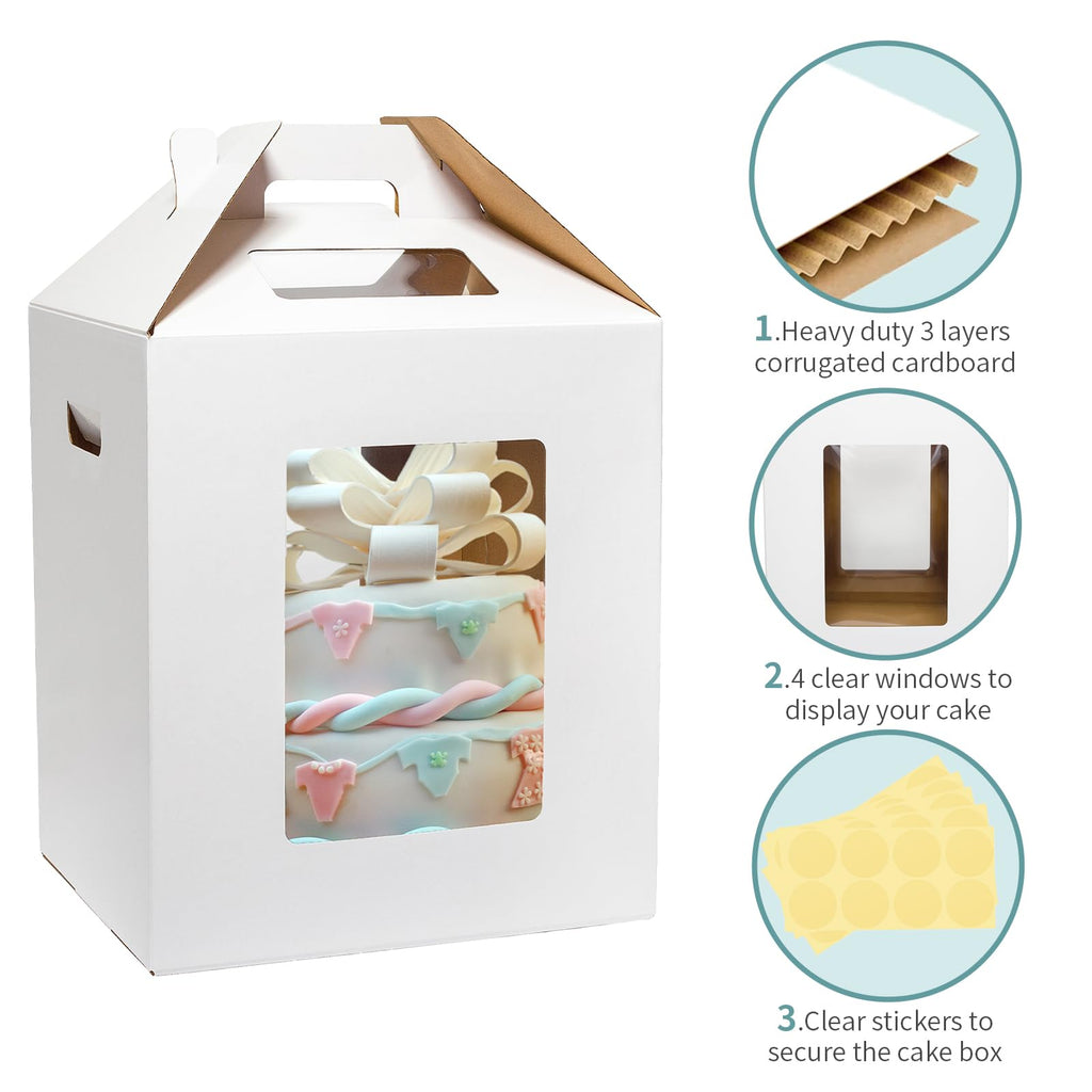 Wowxyz 3 Pack Tall Cake Boxes for Tier Cakes 12x12x14 Inch Disposable Layer Tall Baking Carrier with Window Large Tierd Bakery Take Out Transport Containers with Handle for Wedding, Birthday, Party