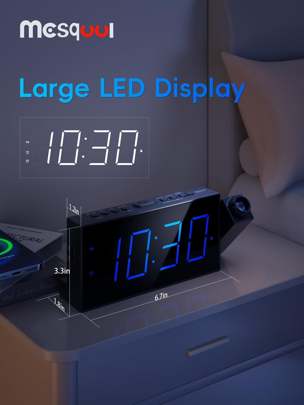 Mesqool Digital Projection Alarm Clock with Dual Alarms, 5 Levels Dimmer