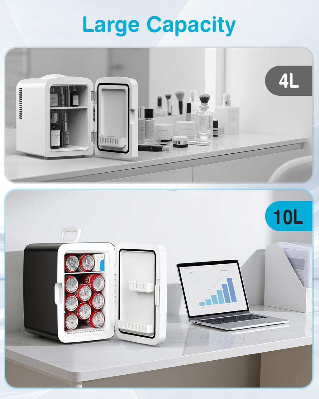Antarctic Star Compact Mini Fridge, 10L Portable Small Refrigerator, 2.6 Gal Desktop Fridge with AC/DC Adapters, Small Cosmetics Cooler for Beverage, Food, Makeup, Bedroom, Office, Dorm, Black