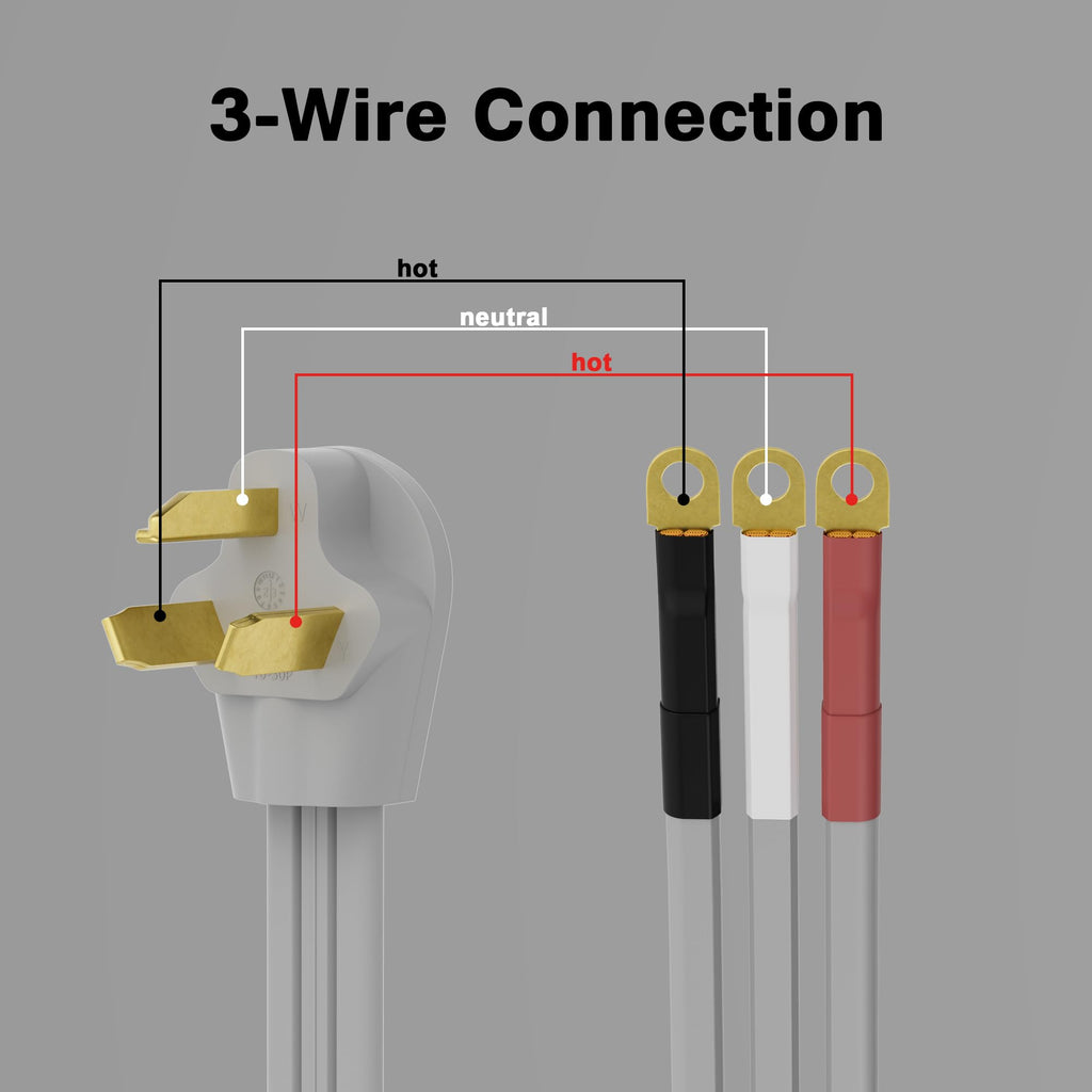 3 Prong Dryer Cord 4 FT, NEMA 10-30P to 3-Wire Appliance Cord, 30-Amp, 3 Wires with Eyelet Connectors, 10 Gauge Copper Wire, Grey Cable