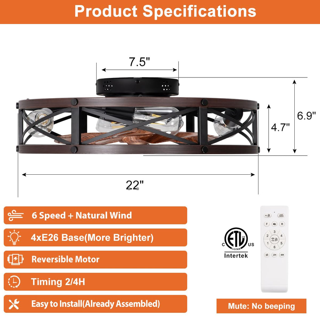 SHLUCE 22" Fandelier Caged Ceiling Fan with Light, Rustic Low Profile Bladeless Ceiling Fans with Lights and Remote, Farmhouse Flush Mount Ceiling Fan with Light for Kitchen, Bedroom, Brown - ETL