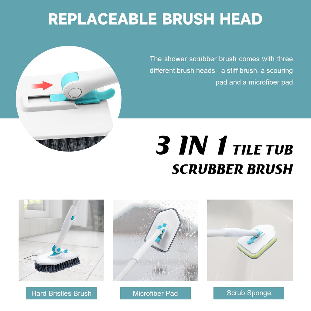 nacena Shower Scrubber with Long Handle, 4 in 1 Tile Tub Scrubber Brush with 3 Detachable Cleaning Shower Heads and Floor Squeegee Shower Cleaner Brush for Bathroom Kitchen Tub Sink Floor, Blue White