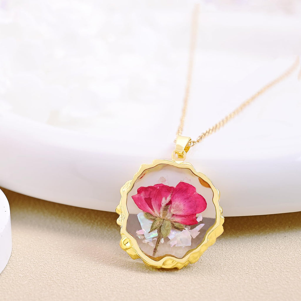 Hefestus Birth Flower Necklaces for Women,June Month Real Pressed Rose Flower Necklace,Boho-Style Personalized Jewelry,Handmade Floral Pendant,Thoughtful Gift for Christmas,Birthday|18" (Gold)