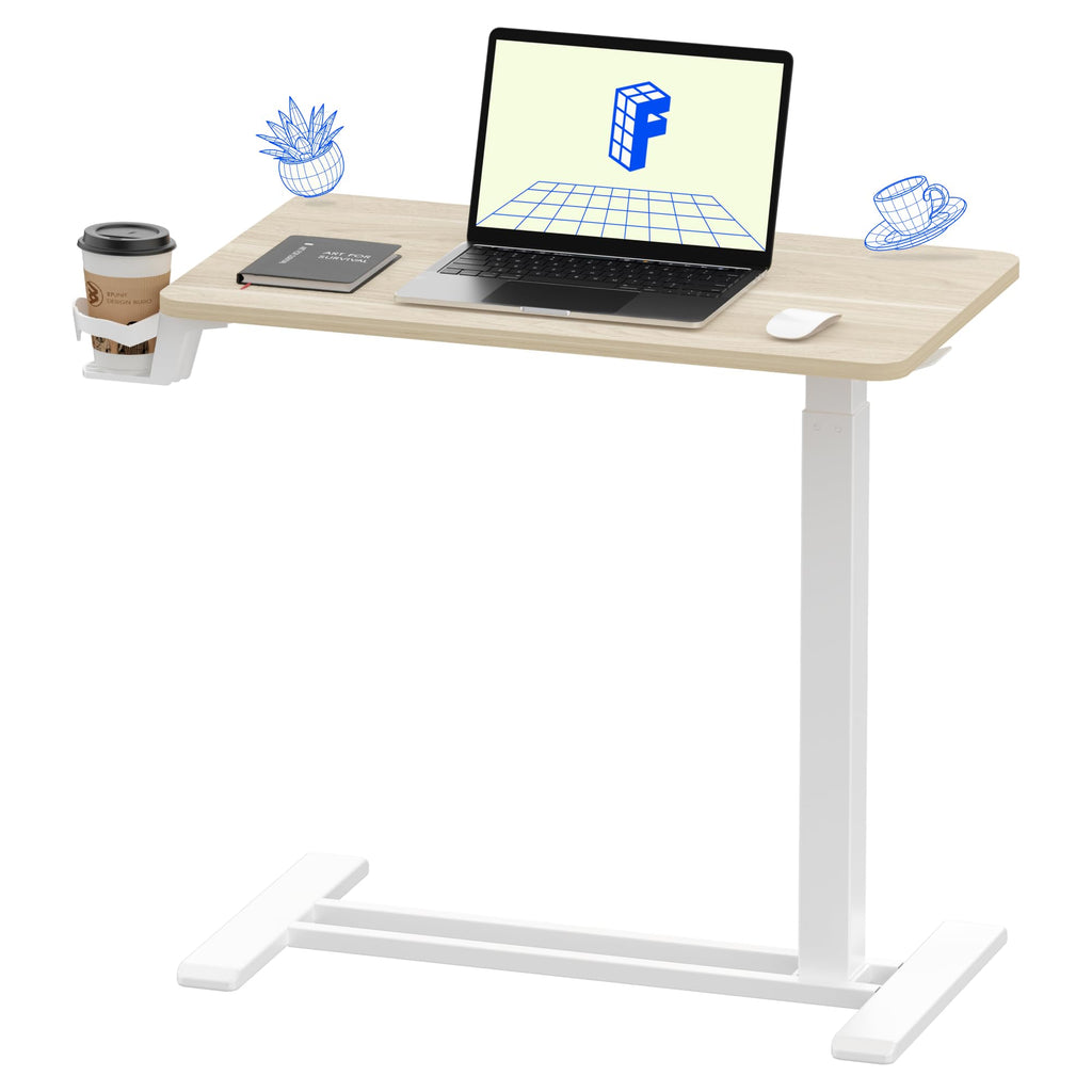FLEXISPOT H7 Adjustable Overbed Bedside Table with Wheels Pneumatic Mobile Standing Desk Laptop Desk Rolling Computer Cart Movable Overbed Tables Hospital Home Use(27.6" W x 15.7" D, White Wood Grain)