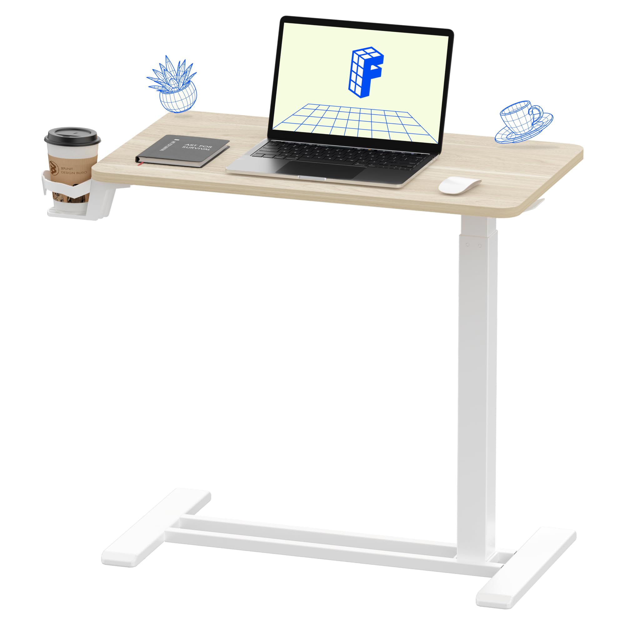 FLEXISPOT H7 Adjustable Overbed Bedside Table with Wheels Pneumatic Mobile Standing Desk Laptop Desk Rolling Computer Cart Movable Overbed Tables Hospital Home Use(27.6" W x 15.7" D, White Wood Grain)