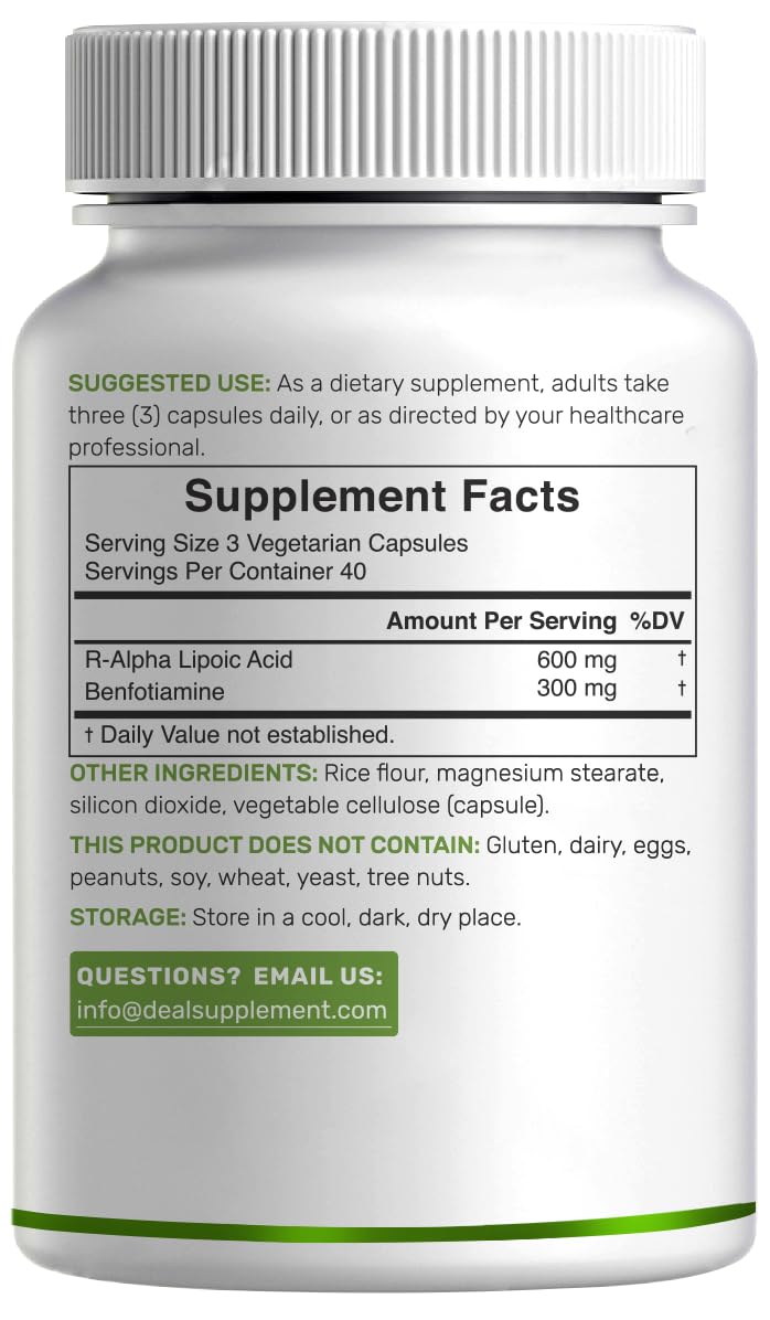 DEAL SUPPLEMENT R Alpha Lipoic Acid 600mg with Benfotiamine 300mg Per Serving, 120 Veggie Capsules – 200mg R-ALA Per Capsule – Antioxidant Supplement for Energy & Nervous System Support