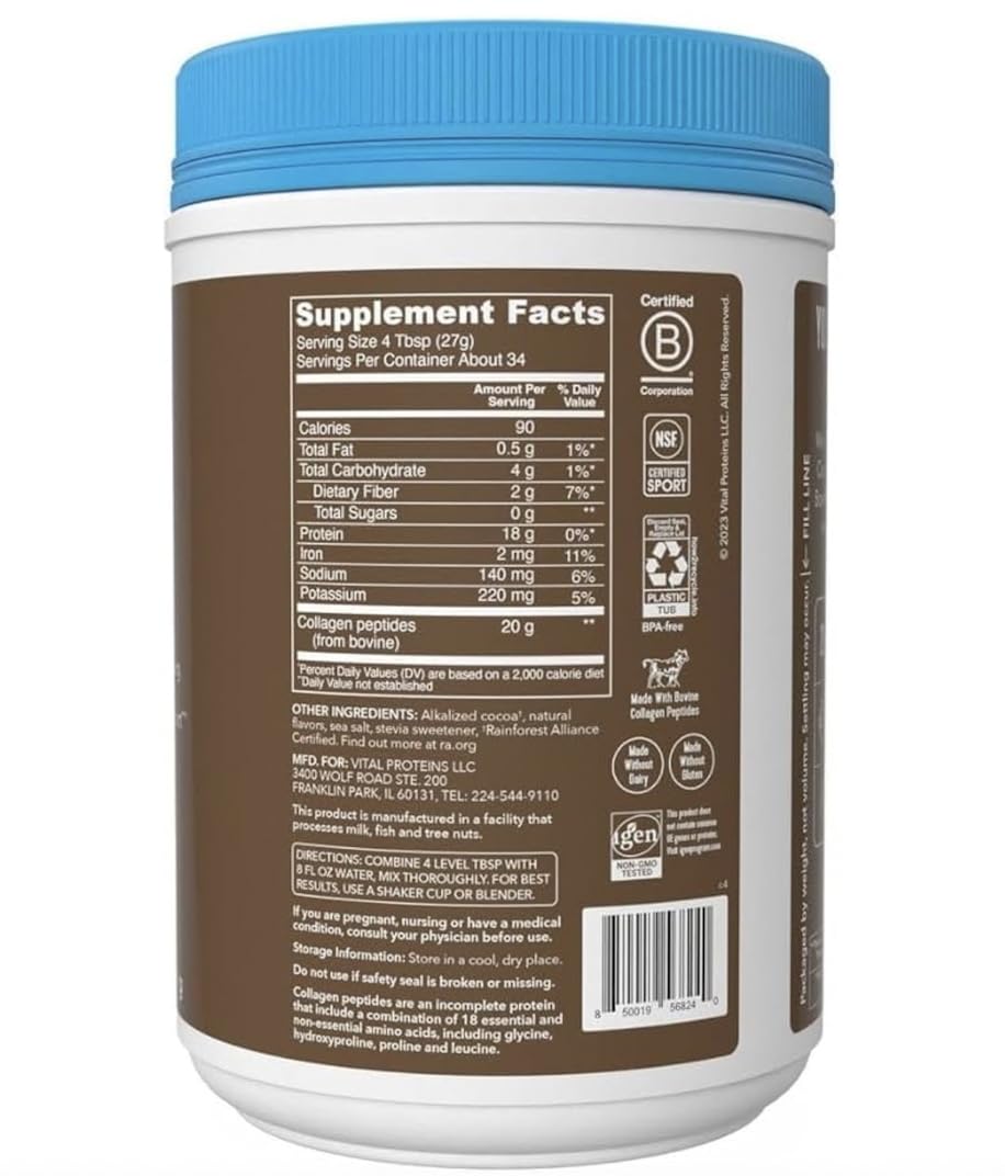 Vital Collagen Protein Peptides, Pasture Raised, Grass Fed, Zero Sugar Dairy Free, for Skin, Hair, Nail, Joint & Bone Health, Chocolate. Big Size Presentation