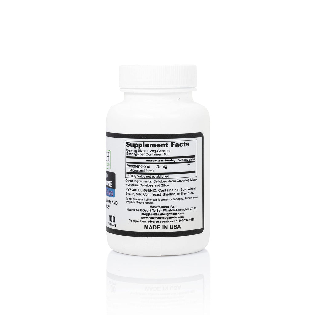 Health As It Ought To Be Pregnenolone 75mg Supplement – Micronized Form for Enhanced Absorption Tested for Purity and Strength | 100 Capsules