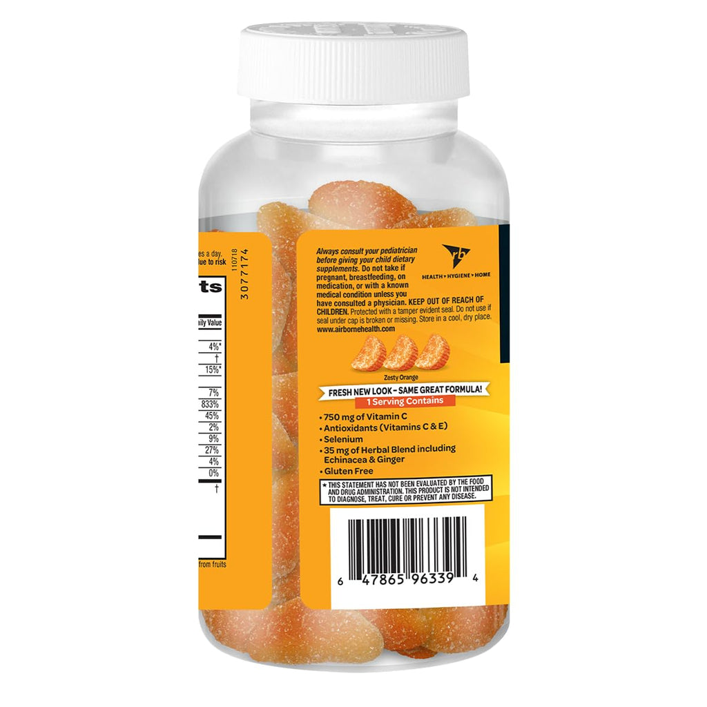 Airborne 750mg Vitamin C Immune Support Supplement Gummies for Adults, Zesty Orange Flavor, Gluten Free Crafted Blend with Powerful Antioxidants Vitamins A C & E, 63 Gummies (3 Pack)