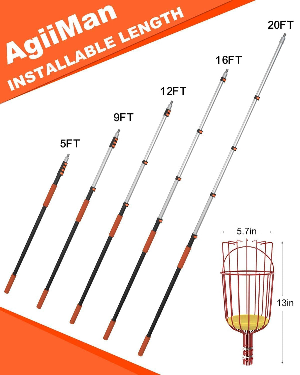AgiiMan 28 Reach Fruit Picker with Telescopic Extension Pole, 5 to 20 FT Fruit Picker Pole Lightweight and Sturdy Aluminum Telescopic Pole, Easy to Assemble Fruit Picking Basket