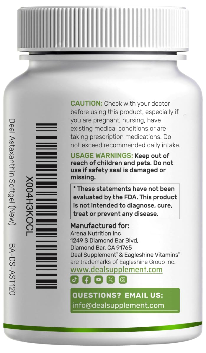 DEAL SUPPLEMENT Astaxanthin 24mg Per Serving (12mg Per Cap), 120 Softgels – Double Strength Microalgae – Antioxidant Supplements for Skin, Eyes, Joints & Immune Support – Non-GMO