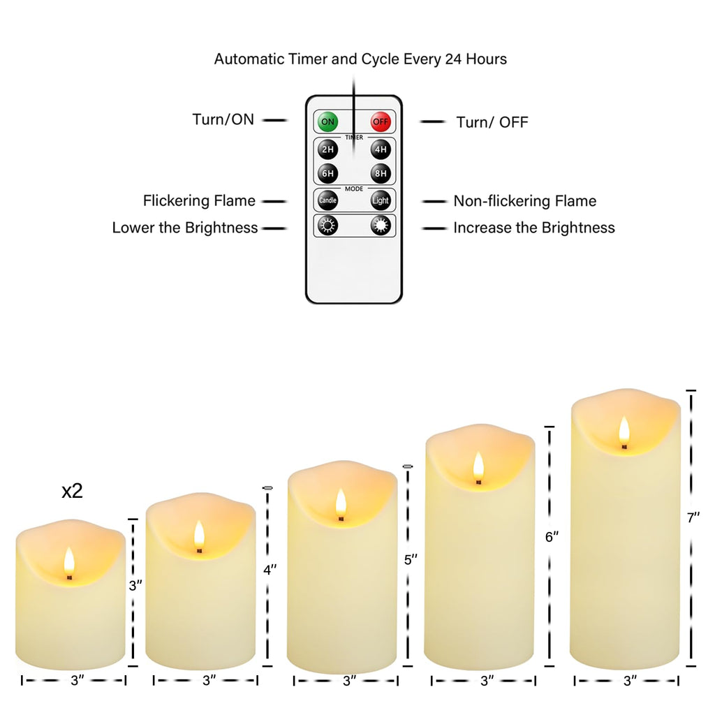 Fo32won Flameless Flickering Candles with Remote Timer, Set of 6 Ivory Led Battery Operated Candles for Home Decor Xmas Halloween (D3 x H3 3" 4" 5" 6" 7")