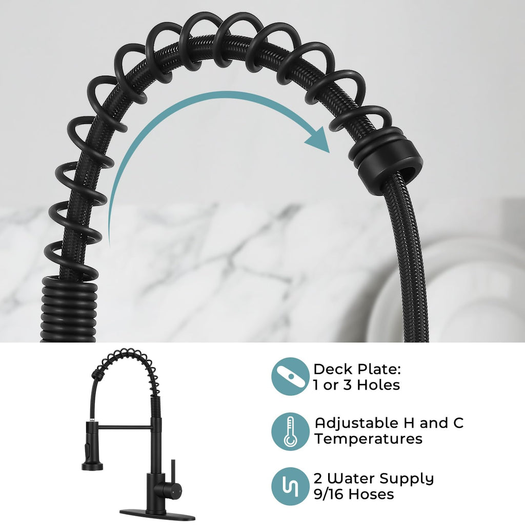 KHQF Kitchen Faucet with Pull Down Sprayer,Commercial Single Handle Stainless Steel Kitchen Faucets with Deck Plate (Matte Black)