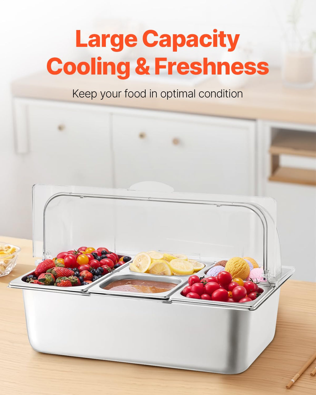 VEVOR Countertop Food Serving Display Container, 5 Pan Stainless Steel Food Serving Tray, Buffet Condiment Dispenser Display Rack with Clear Lid & 3 Freezer Boxes, for Restaurant Hotel Kitchen Party