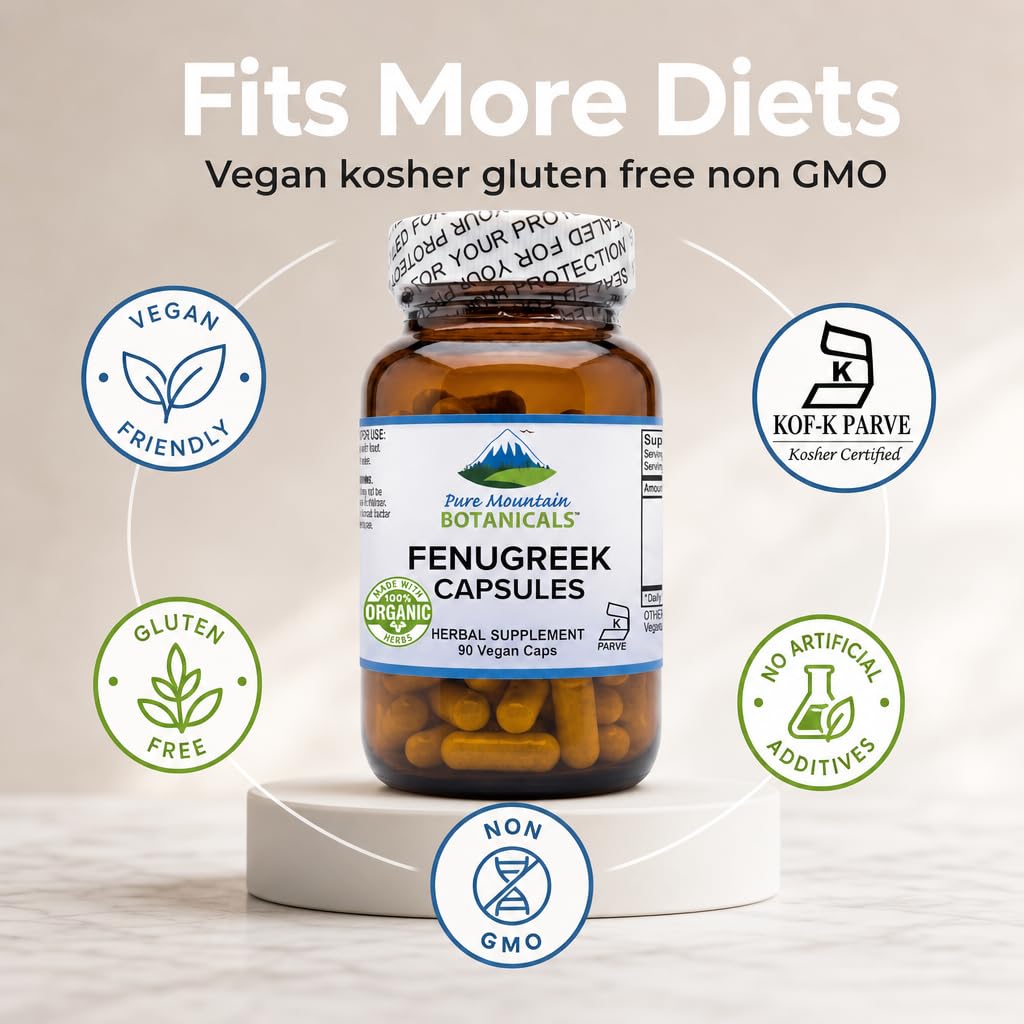 Pure Mountain Botanicals Fenugreek Capsules 600mg Organic - 90 Vegan Kosher Caps - Fenugreek Seed Supplement for Women and Men - Non-GMO Gluten Free - Fenogreco