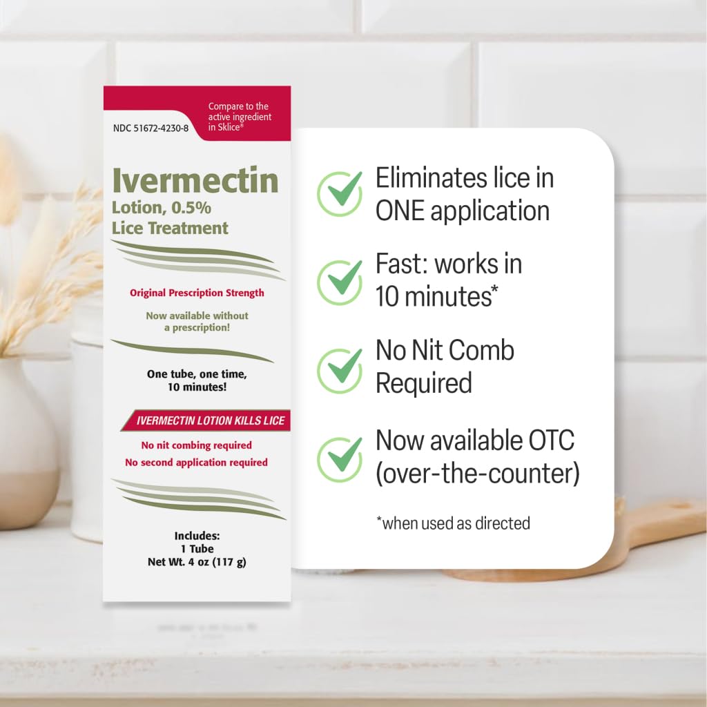 Ivermectin Lotion 0.5% Lice Treatment (4 Fl Oz) Fast-Acting 10-Minute Single Use, Prescription Strength Solution for Head Lice & Eggs, No Nit Combing Required, Adults & Kids 6 Months+