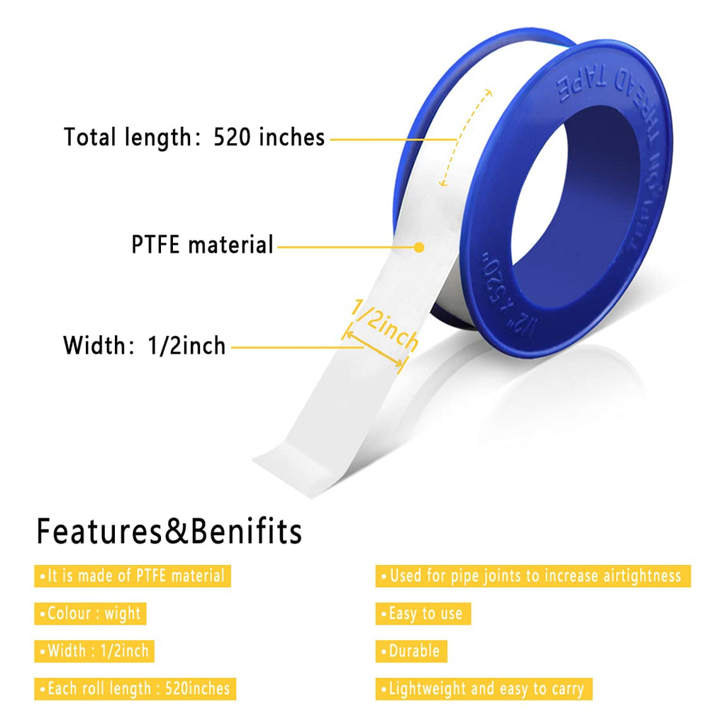 VOTMELL 4 Rolls 1/2 Inch(W) X 520 Inches(L) Teflon Plumbers Tape,Pipe Sealing & Plumbing Thread Tape,PTFE Water Sealant Seal for Shower Head,White