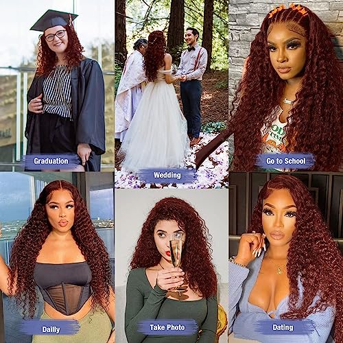 Reddish Brown Lace Front Wigs Human Hair 13x4 Reddish Brown Deep Wave Lace Front Wigs Human Hair for Women Reddish brown Curly Human Hair Wigs Pre Plucked With Baby Hair 180% Density 24inch