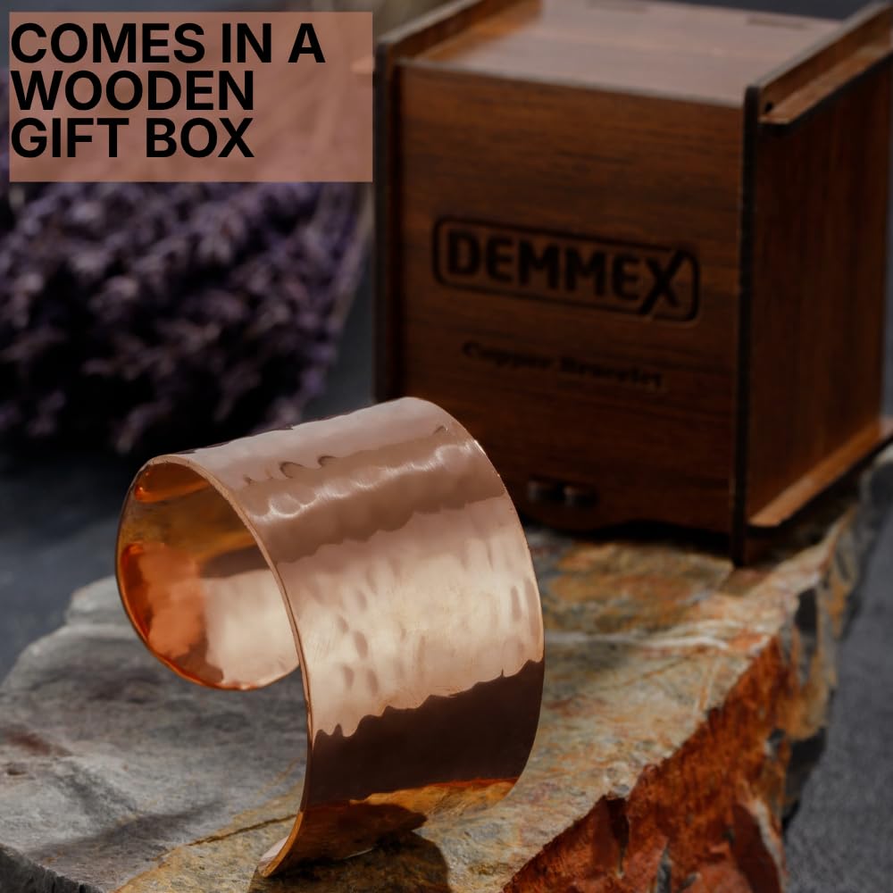 DEMMEX Copper Bracelet for Women – 100% Pure Hammered Turkish Copper Cuff, 1.5mm Thick High-Gauge, Handmade, Uncoated & Non-Magnetic, Large 1.6" Wide, Adjustable, in Wooden Gift Box