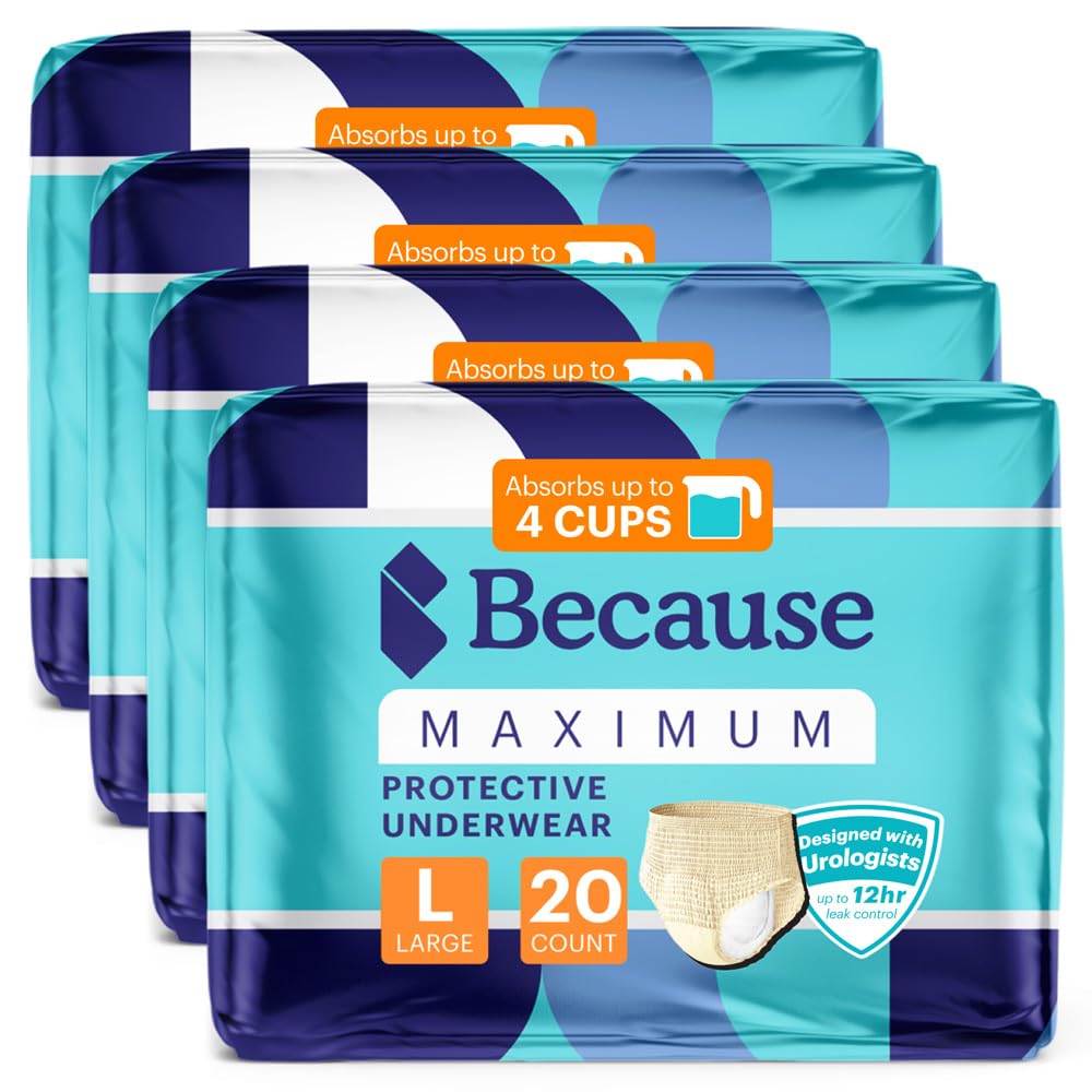 Because Premium Maximum Plus Adult Incontinence and Postpartum Bladder Leak Underwear for Women, Maximum Absorbency, Disposable, Beige, Large, 80 Count (4 Packs of 20)