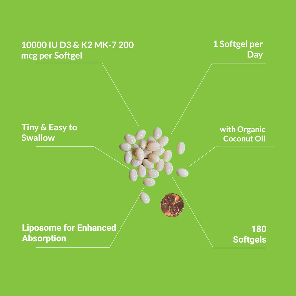 UpNourish Liposomal D3 K2 Vitamin 10000 IU D3 and K2 MK-7 200 mcg - 180 Vitamin D3 k2 (Vitamina D3 con K2) Mini Softgels - Easy to Swallow K2 D3 Vitamin