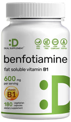 Benfotiamine 600mg Per Serving, 180 Veggie Capsules (300mg Per Cap) – Fat Soluble Vitamin B1 Thiamine Supplement – 3rd Party Tested, Vegan, Non-GMO, Gluten Free