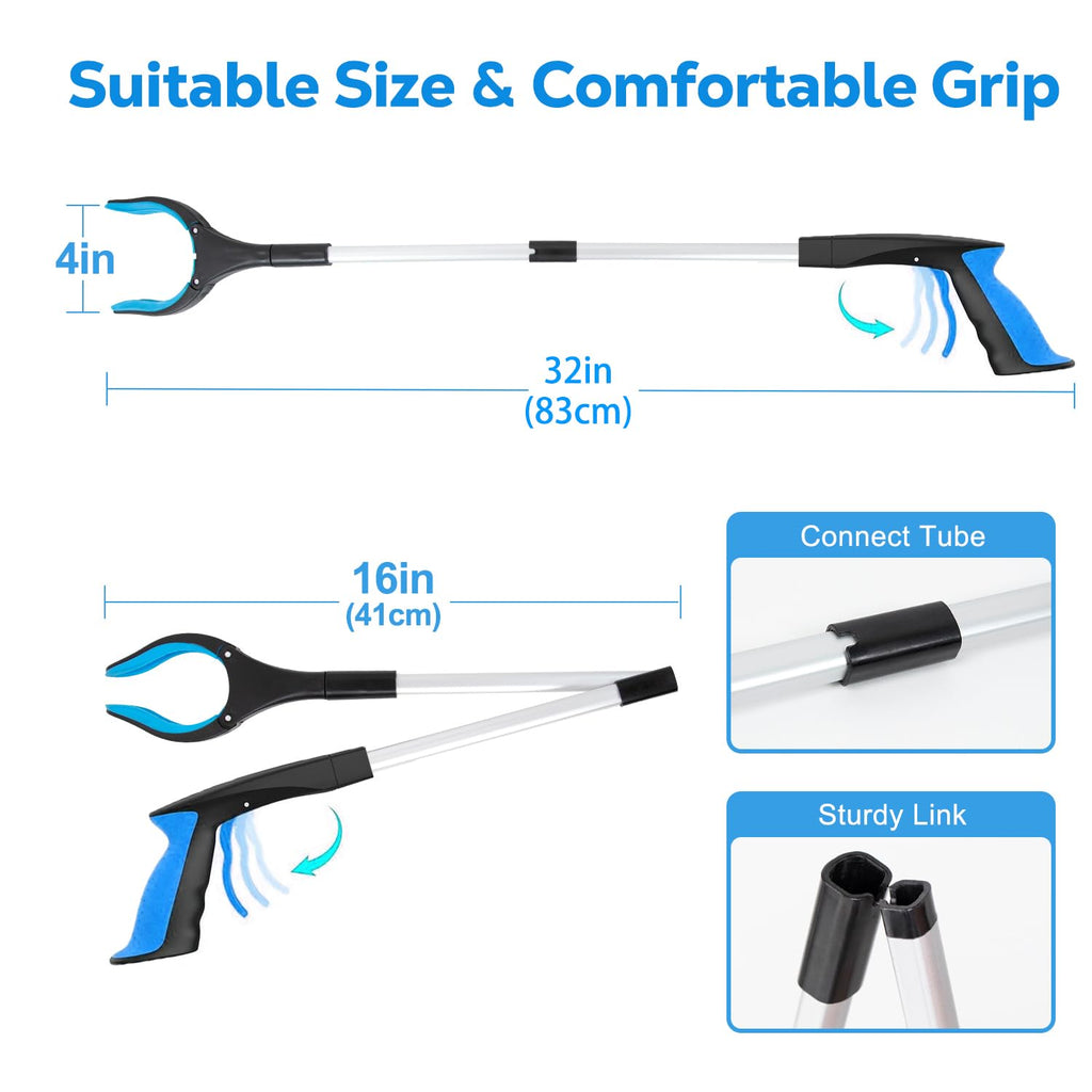 Grabber Reacher Tool - 32” Extra Long Foldable Gripper and Reaching Tool - Heavy Duty Pick Up Stick Grabbers for Seniors, Trash, Surgery Recovery Must Haves Gifts (Blue+Orange 2P)