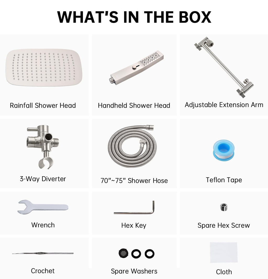 G-Promise All Metal 12 Inch Dual Square Shower Head with Handheld Spray Combo, Rain Shower Head, Adjustable Extension Arm, 3-Way Diverter, 71 Inch Extra Long Hose - A Bathroom Upgrade(Brushed Nickel)