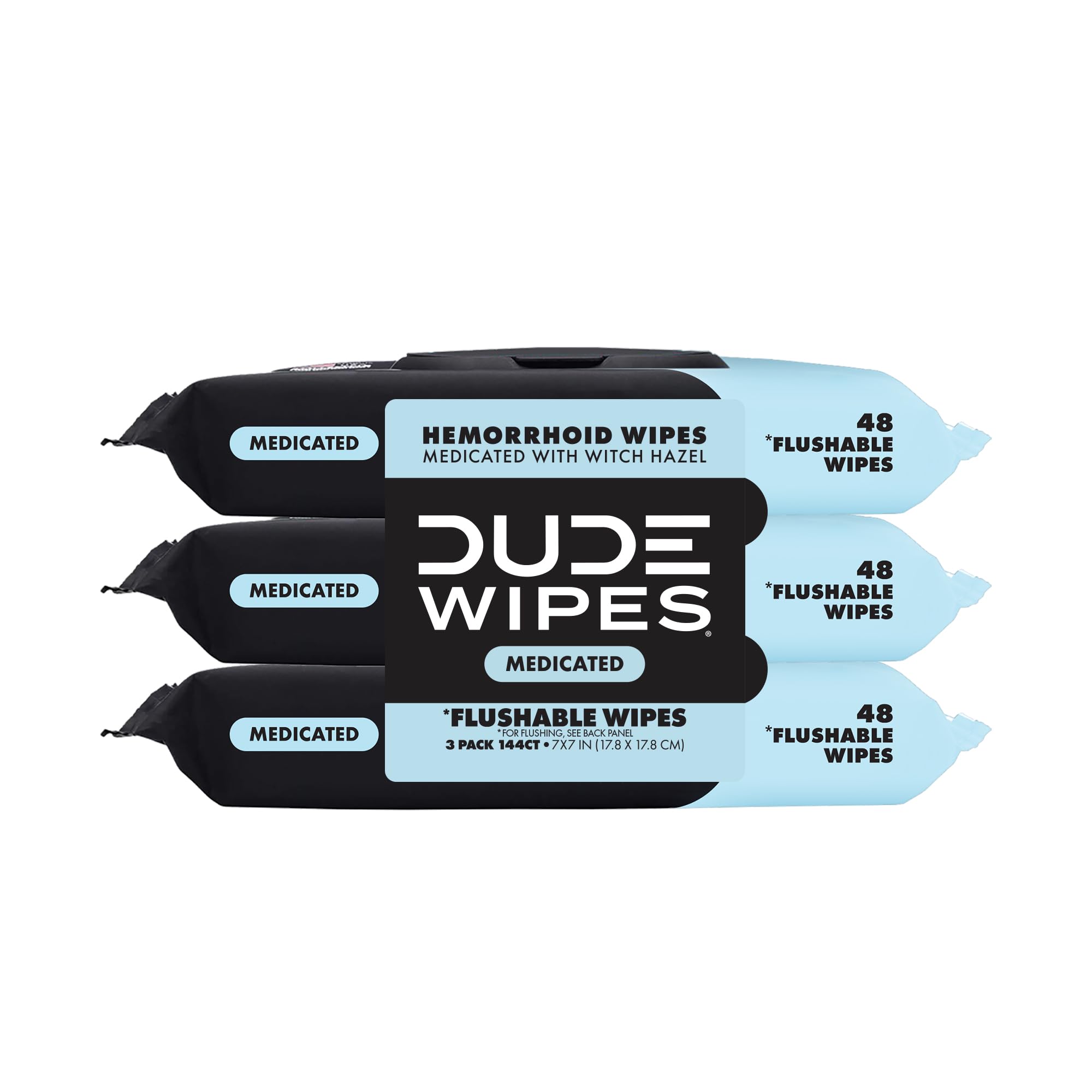 DUDE Wipes Fragrance Free Hemorrhoid Flushable Wipes - 3 Pack (144 Count) - Extra-Large, Medicated with Witch Hazel for Soothing Relief - Septic and Sewer Safe