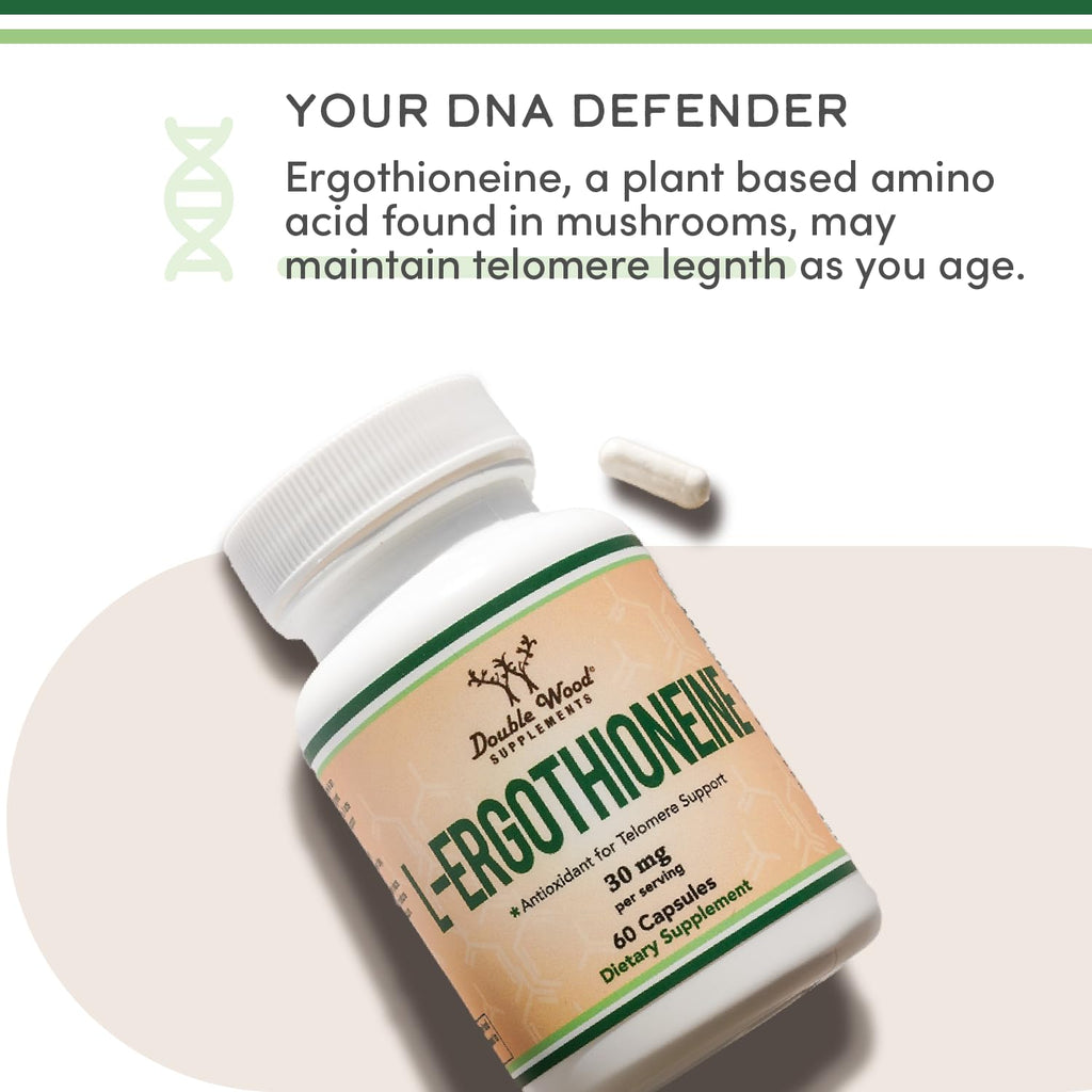 Ergothioneine Supplement (EGT) 30mg of Pure, Plant-Based L-Ergothioneine Per Capsule, 60 Count (May Support Longevity and Healthy Aging) Non-GMO, Gluten Free, Vegan Safe by Double Wood (Pack of 2)