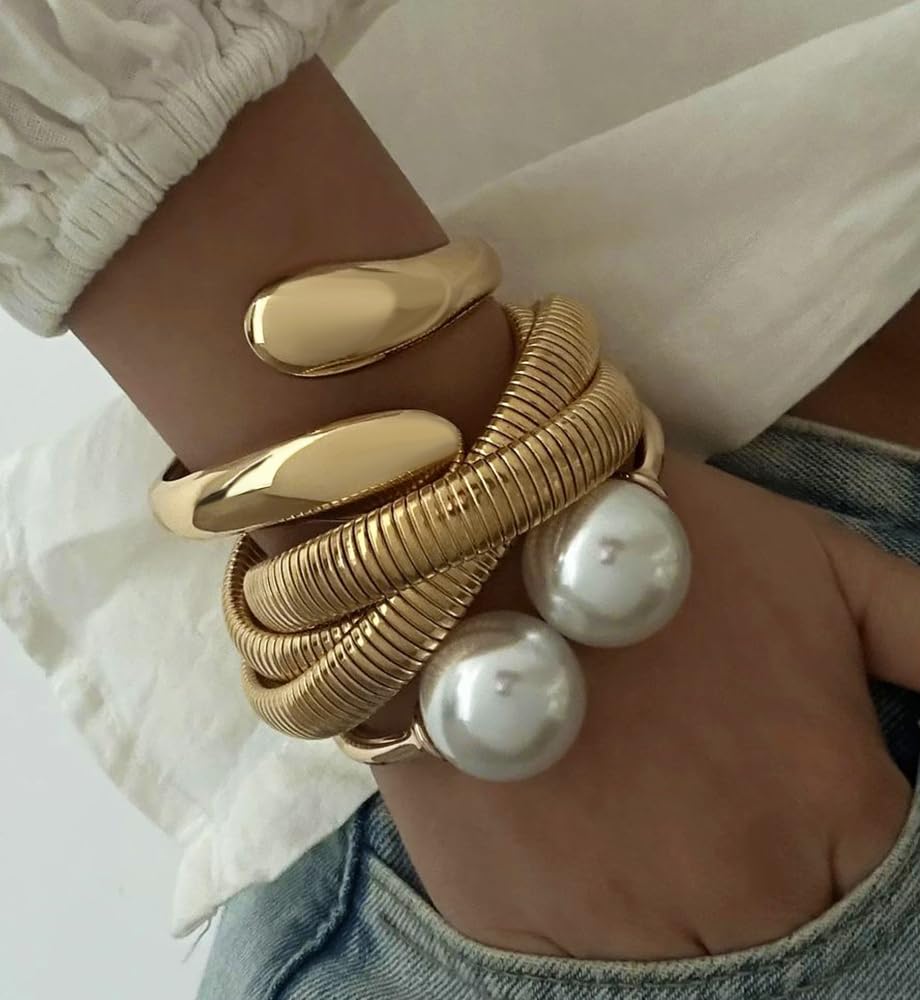 Chunky Gold Bangle Bracelets for Women, Dainty 14k Gold Plated Big Pearl Bangles Set, Trendy Statement Cuff Bracelet Stack Fashion Jewelry Gifts Summer Vacation Outfits