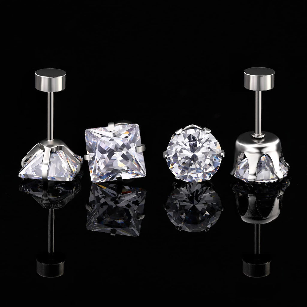 6 Pairs Screw Back Titanium Surgical Stainless Steel Round Square Princess Cut CZ Earrings For Women Men Hypoallergenic Cubic Zirconia Earrings (White Gold Plated)