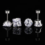 6 Pairs Screw Back Titanium Surgical Stainless Steel Round Square Princess Cut CZ Earrings For Women Men Hypoallergenic Cubic Zirconia Earrings (White Gold Plated)