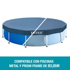 INTEX 28030E Pool Cover: For 10ft Round Metal Frame Pools – Includes Rope Tie – Drain Holes – 10in Overhang – Snug Fit