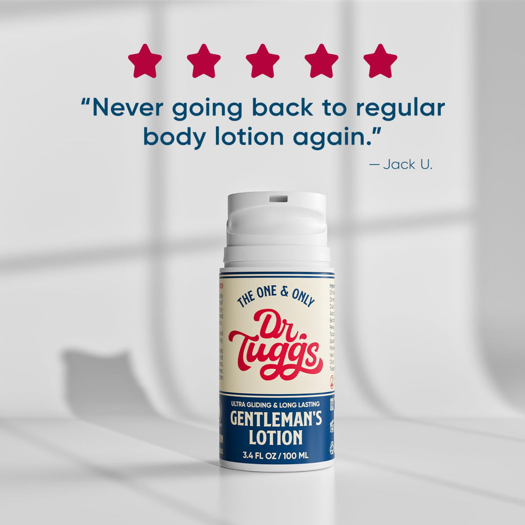 Dr. Tuggs Gentleman’s Lotion – Me Time Lotion for Men with Moisturizing Aloe Vera, Avocado Oil & Vitamin E – Long-Lasting, Smooth, Non-Greasy Formula – Made in USA – 3.4 fl oz