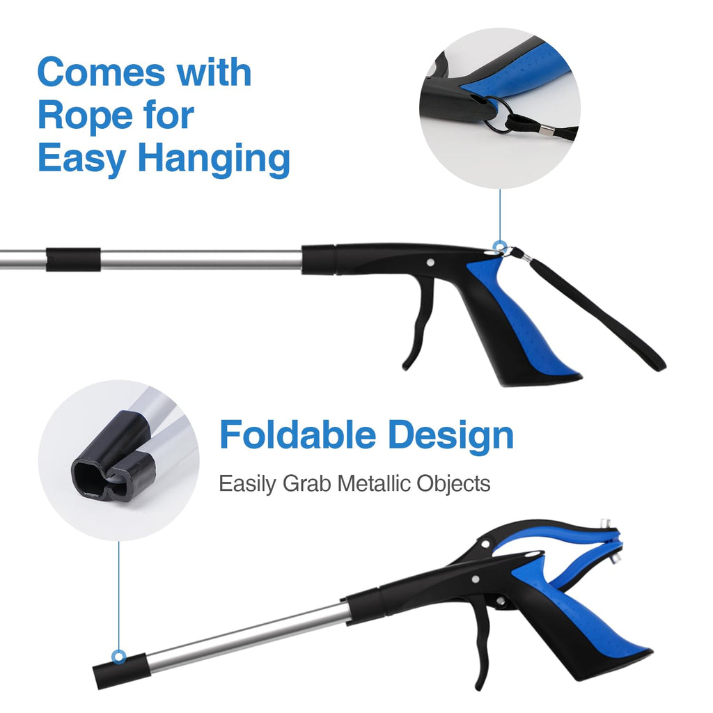 2-Pack Grabber Reacher Tool, 32 Inch Extra Long Steel Foldable Pick Up Stick with Strong Grip Magnetic, 90° Rotating Anti-Slip Jaw, Trash Claw Grabber Tool, Hand Grabber for Reaching, Arm Extension