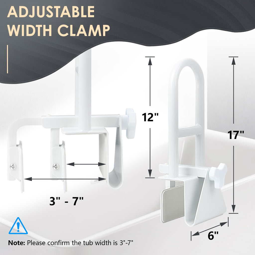 Wishtofly Bathtub Safety Rail, Heavy Duty Bath and Shower Grab Bar for Seniors and Elderly, Safety Assistance Bathtub Handle with Adjustable Clamp, Fits Tub Width 3 to 7 Inches, Supports Up to 300lbs