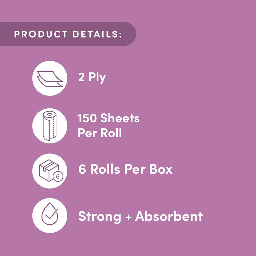 Amazon Aware Bamboo Paper Towels, 6 Rolls, 2 ply, 150 Sheets, 900 Count, Plastic-Free, Multicolor