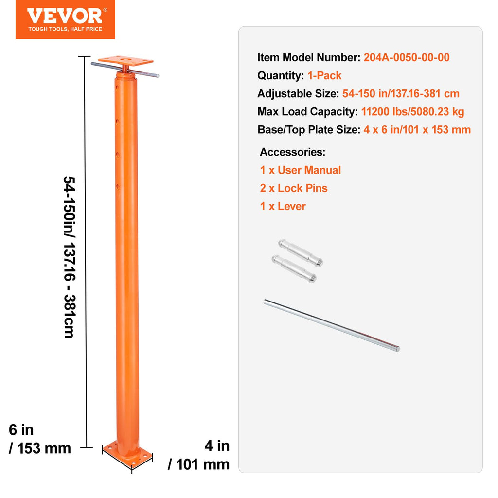VEVOR House Floor Jack, 54"-150" Height Range, 11200 lbs Max Load Capacity, Adjustable Support Beam Basement Jack Post Pole for Leveling, Lift Support Steel Telescoping Jack for Temporary Support