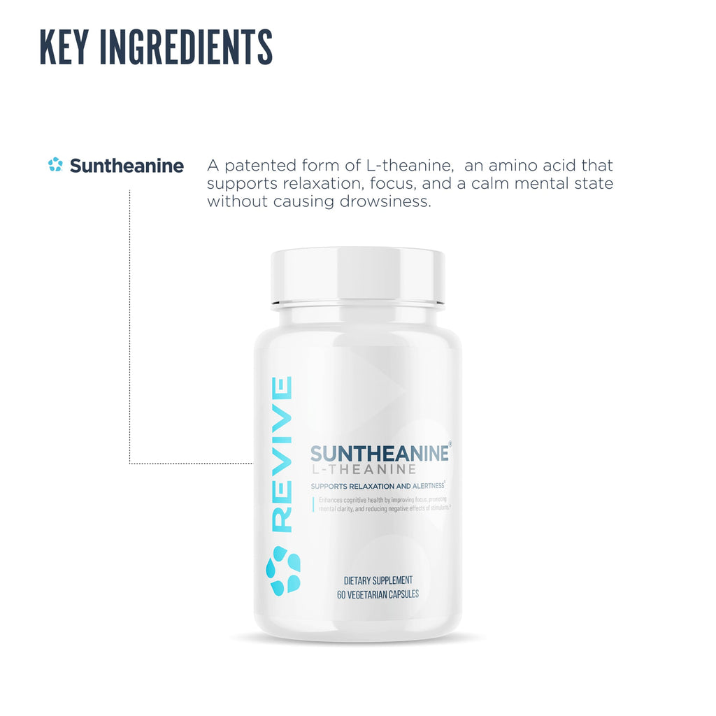 Revive MD Suntheanine L-Theanine Supplement for Men and Women - Supports Fatigue & Brain Function for Calm Mood, Mental Clarity, Focus & Relaxation - Vegan & Gluten-Free (60 Capsules, 60 Servings)