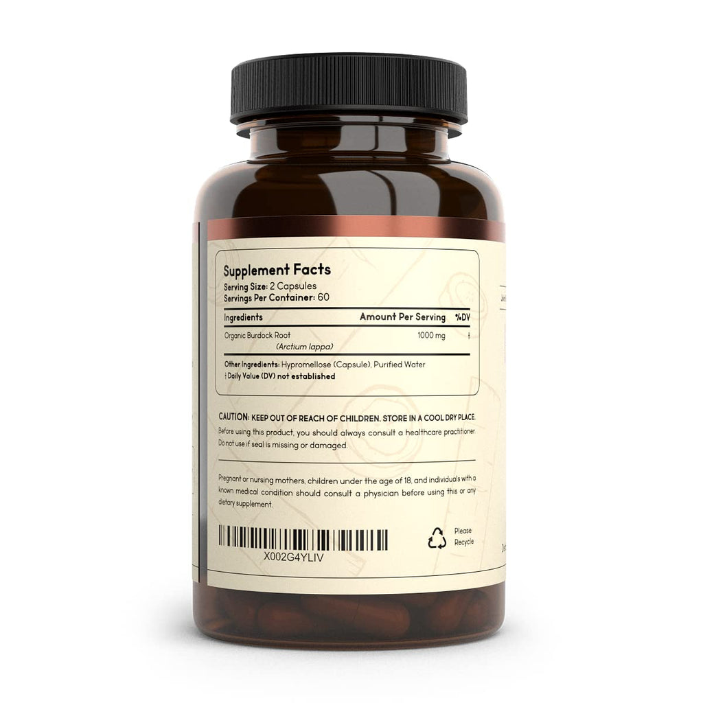 Primal Health Foods Organic Burdock Root Capsules 1000 mg 60 Servings | Circulation, Blood, Immune, Thyroid, Skin and Joint Support | Vegetarian, Organic, Non-GMO & Gluten Free