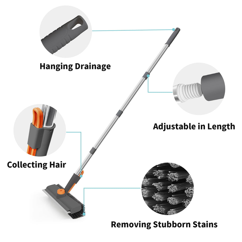 AIR U+ Floor Scrub Brush with Long Handle, 3-in-1 Rotating Head & Squeegee
