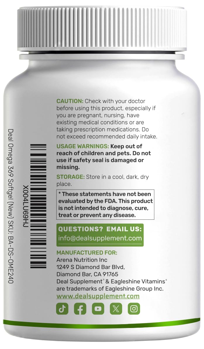 Triple Omega 3-6-9 Fish Oil Supplements 3,600mg – 240 Softgels with Flaxseed Oil & Borage Oils Complex – High EPA + DHA – Burpless Pills, Lemon Flavored, Wild Caught – Heart, Joint, & Brain Support