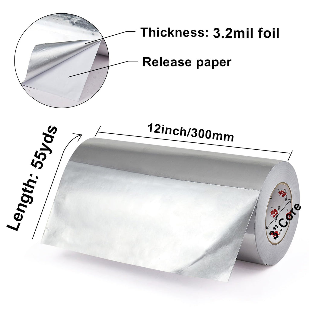 BOMEI PACK Aluminum Foil Tape,Heavy Duty Metal Duct Tape,High Temperature Silver Tape,Perfect for Sealing & Patching,HVAC,Air Ducts,Insulation and Metal Repair (12 Inch x 55 Yards)